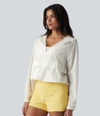 Hooded Long Sleeve Contrast Mesh Running Jacket with Pockets-UPF50+ — Coconut White — view 4