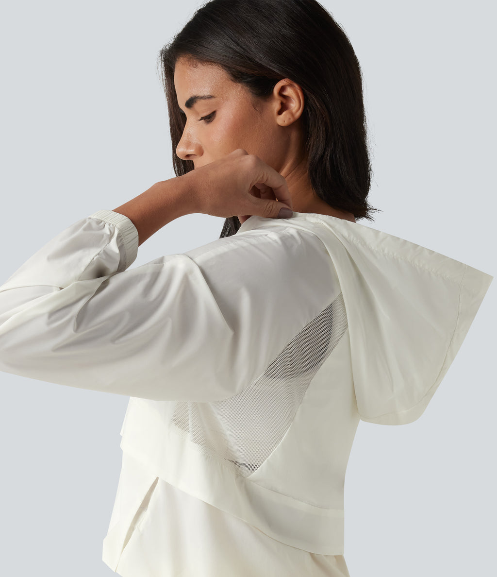 Hooded Long Sleeve Contrast Mesh Running Jacket with Pockets-UPF50+ — Coconut White — view 7