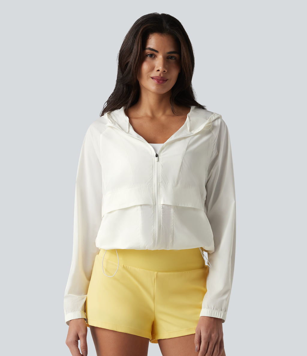 Hooded Long Sleeve Contrast Mesh Running Jacket with Pockets-UPF50+ — Coconut White — view 3