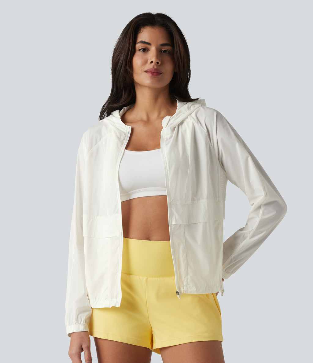 Hooded Long Sleeve Contrast Mesh Running Jacket with Pockets-UPF50+ — Coconut White — view 5