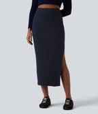 High Waisted Midi Casual Jumper Skirt — Denim Blue — view 6