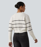 Round Neck Long Sleeve Stripe Casual Cardigan — White Black Horizontal Stripe — view 2