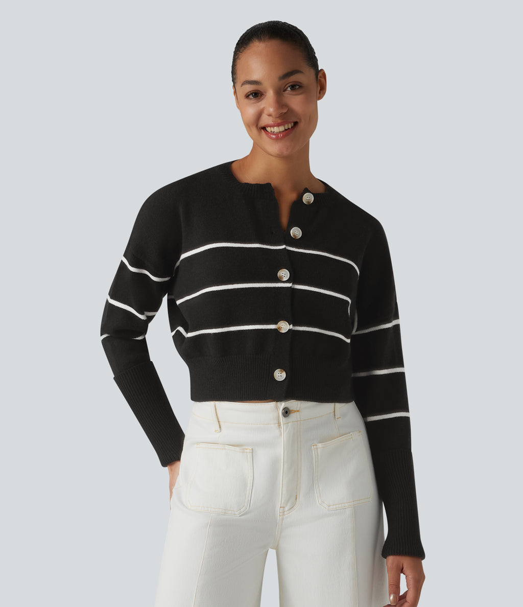 Round Neck Long Sleeve Stripe Casual Cardigan — Black White Horizontal Stripe — view 6