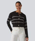 Round Neck Long Sleeve Stripe Casual Cardigan — Black White Horizontal Stripe — view 6