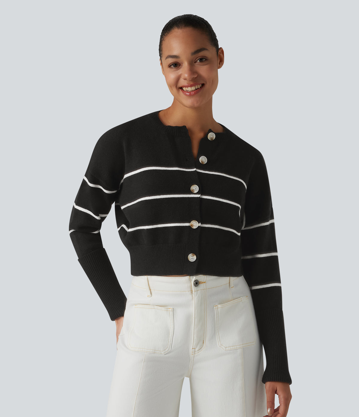 Round Neck Long Sleeve Stripe Casual Cardigan — Black White Horizontal Stripe — view 6