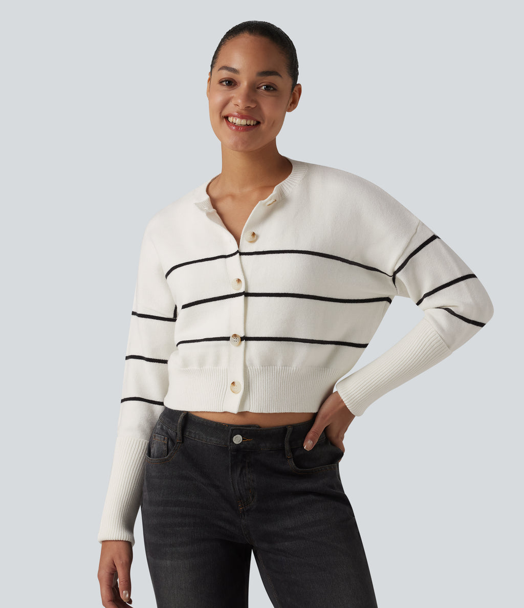 Round Neck Long Sleeve Stripe Casual Cardigan — White Black Horizontal Stripe — view 1