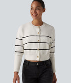 Round Neck Long Sleeve Stripe Casual Cardigan — White Black Horizontal Stripe — view 4