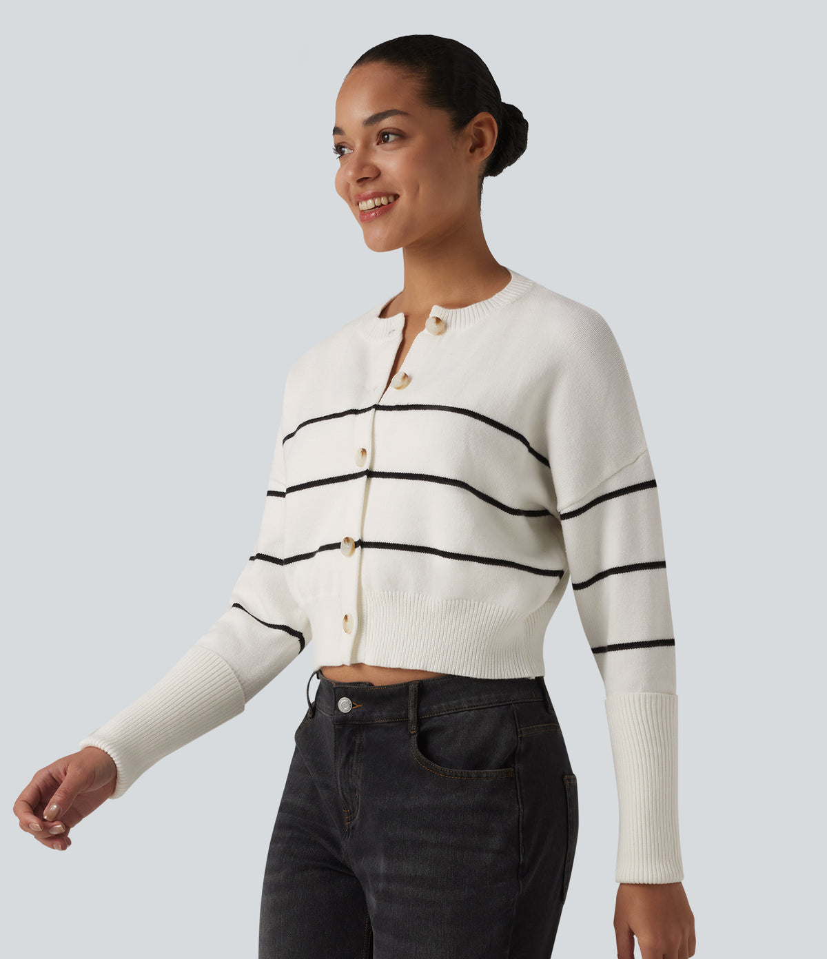 Round Neck Long Sleeve Stripe Casual Cardigan — White Black Horizontal Stripe — view 3