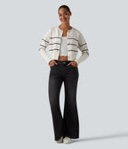 Round Neck Long Sleeve Stripe Casual Cardigan — White Black Horizontal Stripe — view 5
