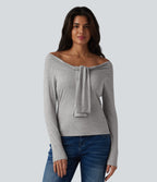 Ribbed Off-shoulder Tie-front Long Sleeve Built-in Bra Casual Top — Fog Gray — view 5