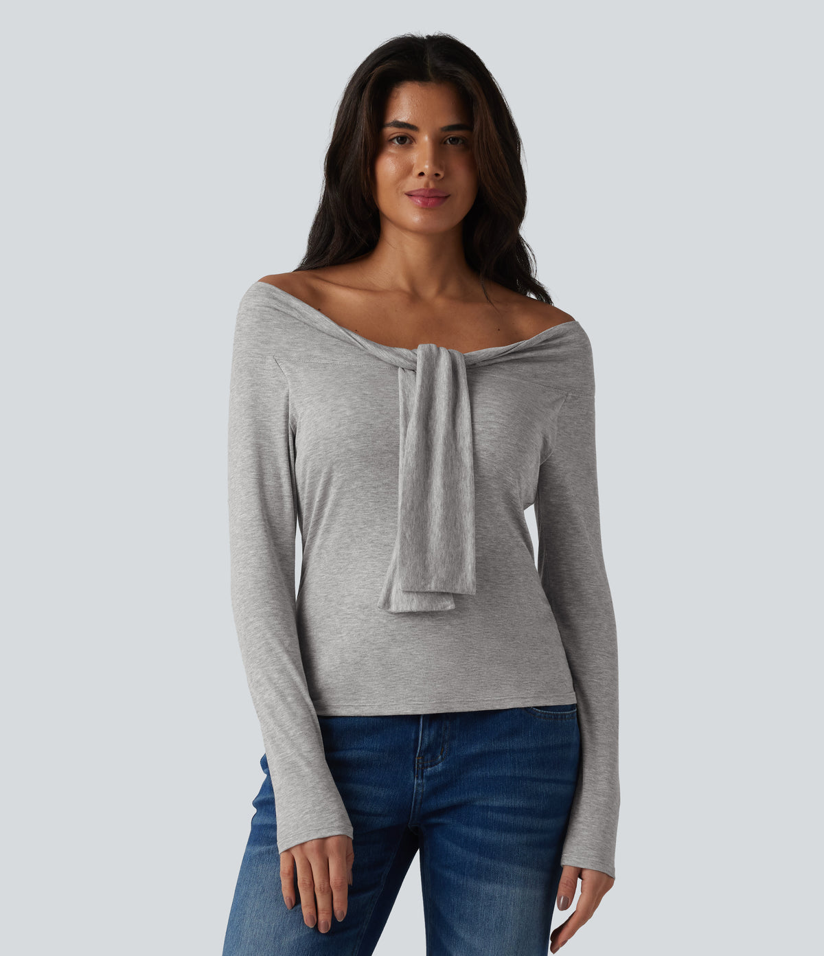 Ribbed Off-shoulder Tie-front Long Sleeve Built-in Bra Casual Top — Fog Gray — view 5