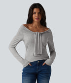 Ribbed Off-shoulder Tie-front Long Sleeve Built-in Bra Casual Top — Fog Gray — view 2