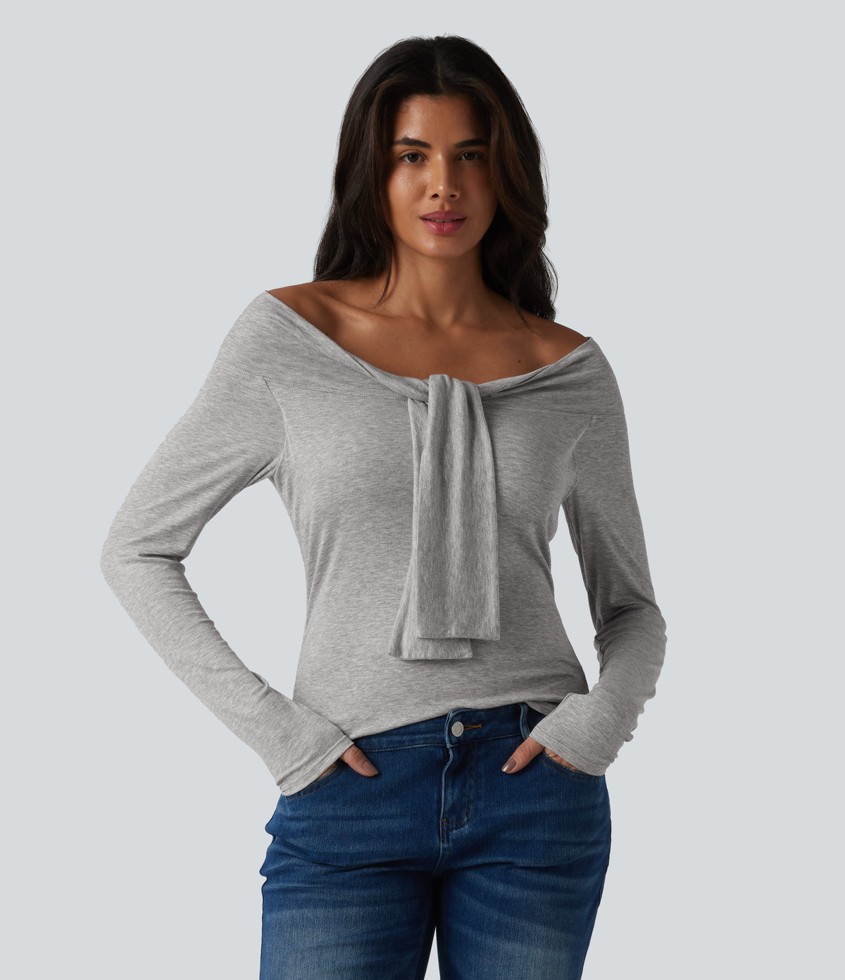Ribbed Off-shoulder Tie-front Long Sleeve Built-in Bra Casual Top — Fog Gray — view 2
