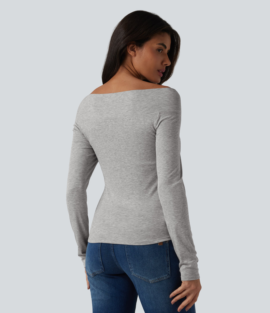 Ribbed Off-shoulder Tie-front Long Sleeve Built-in Bra Casual Top — Fog Gray — view 3
