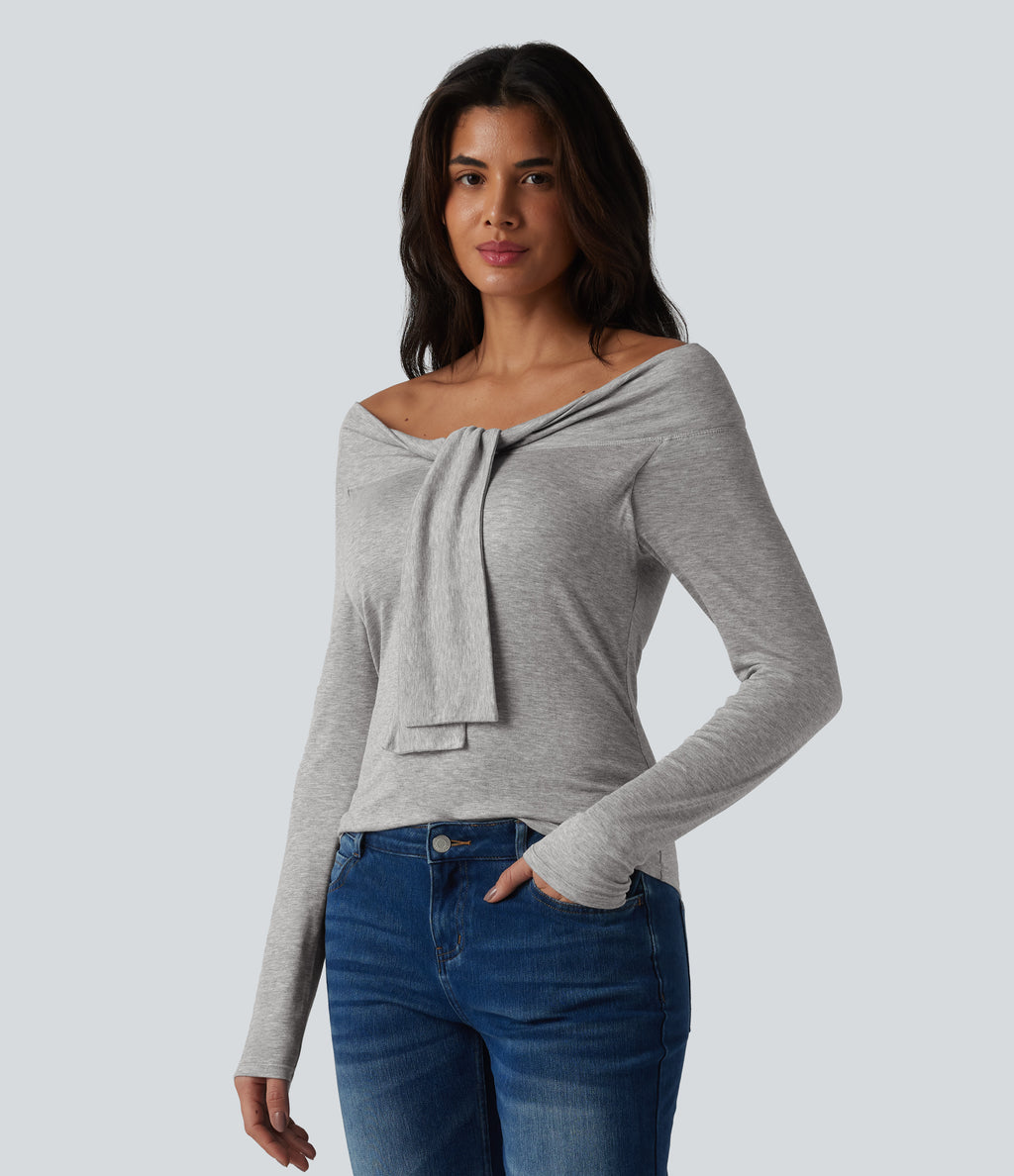 Ribbed Off-shoulder Tie-front Long Sleeve Built-in Bra Casual Top — Fog Gray — view 4