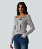 Ribbed Off-shoulder Tie-front Long Sleeve Built-in Bra Casual Top — Fog Gray — view 4