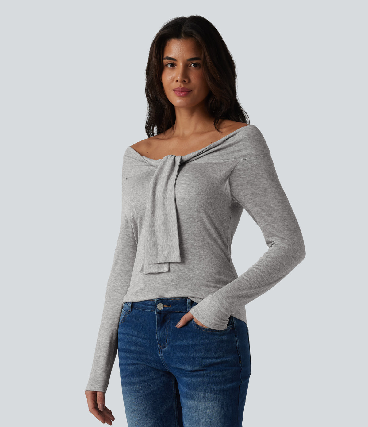 Ribbed Off-shoulder Tie-front Long Sleeve Built-in Bra Casual Top — Fog Gray — view 4