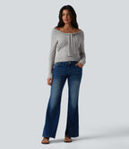 Ribbed Off-shoulder Tie-front Long Sleeve Built-in Bra Casual Top — Fog Gray — view 7