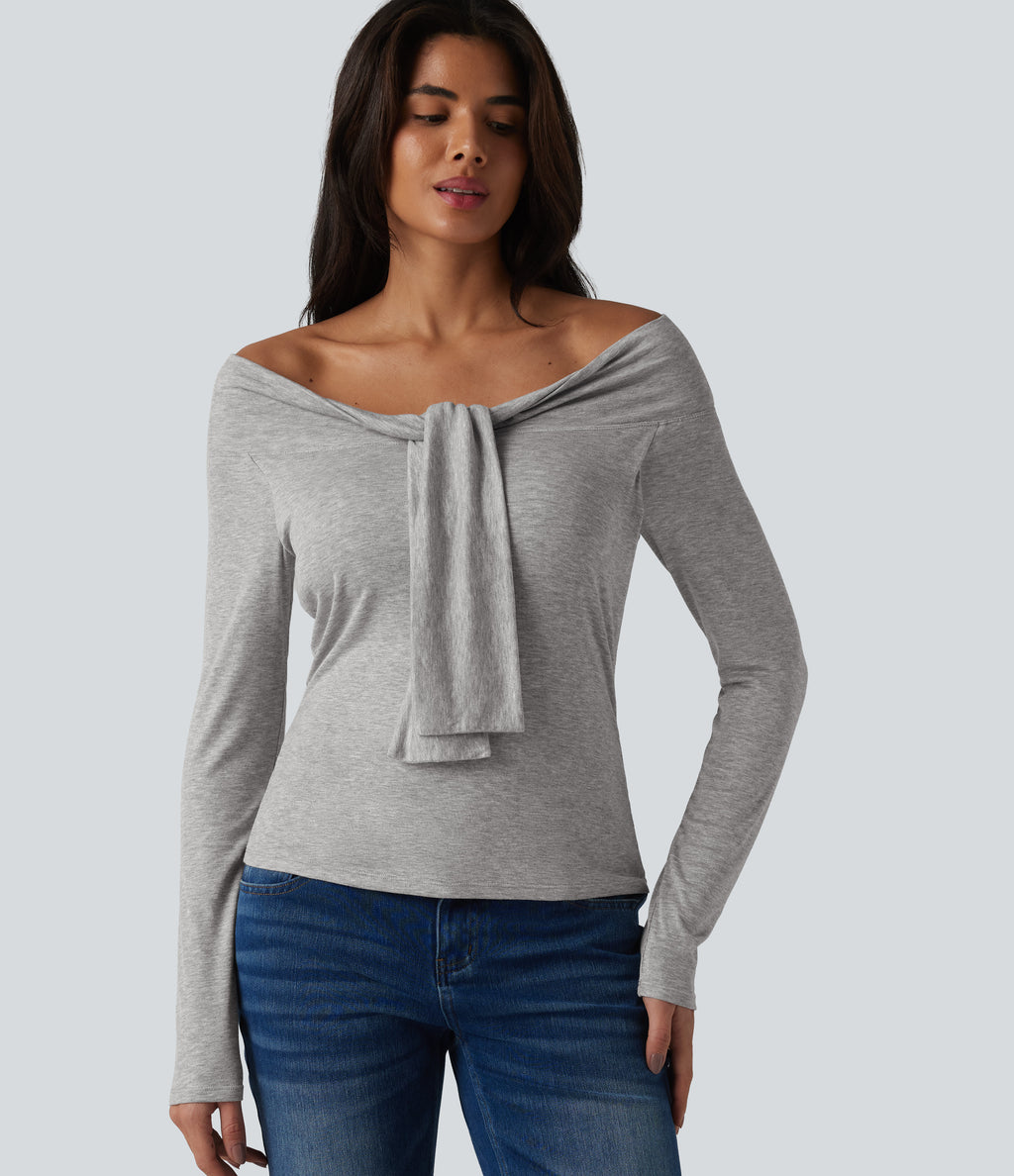 Ribbed Off-shoulder Tie-front Long Sleeve Built-in Bra Casual Top — Fog Gray — view 6
