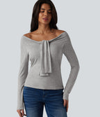 Ribbed Off-shoulder Tie-front Long Sleeve Built-in Bra Casual Top — Fog Gray — view 6