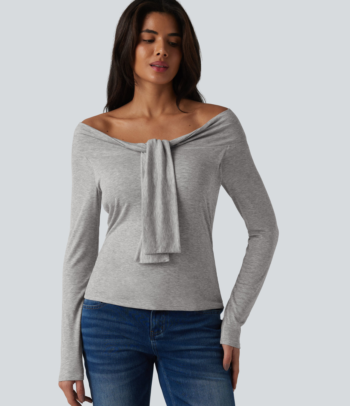 Ribbed Off-shoulder Tie-front Long Sleeve Built-in Bra Casual Top — Fog Gray — view 6