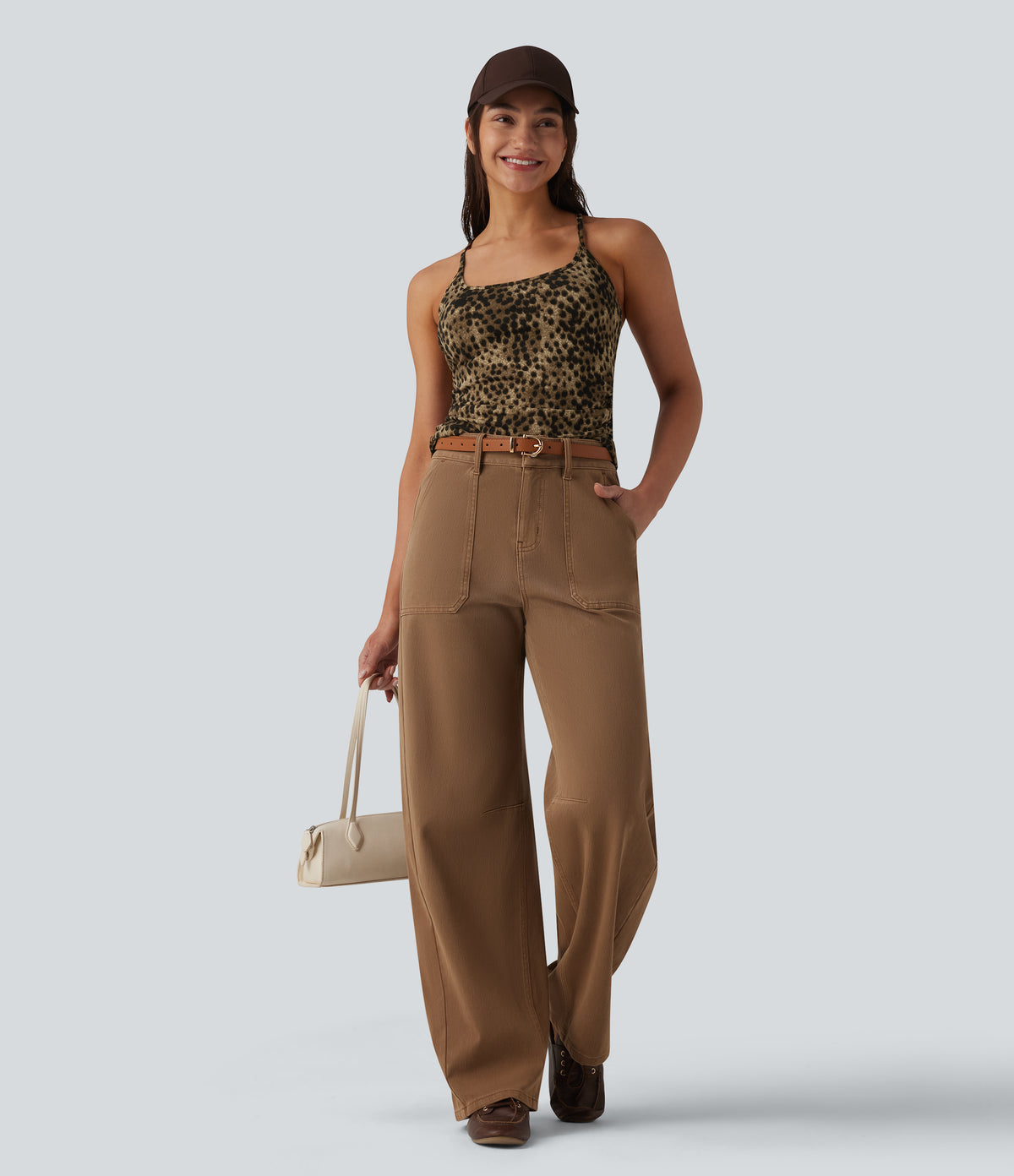 Racerback Built-in Bra Leopard Print Casual Tank Top — Brown and Black Leopard — view 7