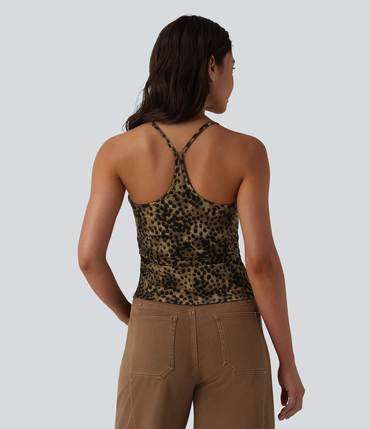 Racerback Built-in Bra Leopard Print Casual Tank Top — Brown and Black Leopard — view 2