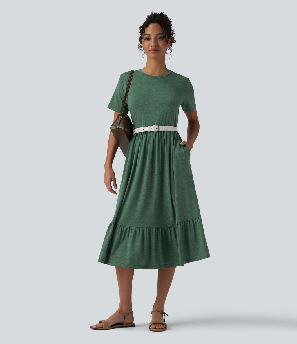 Round Neck Short Sleeve Heathered Midi Casual Dress with Pockets — Dark Green Floral Yarn — view 5