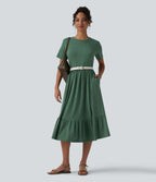 Round Neck Short Sleeve Heathered Midi Casual Dress with Pockets — Dark Green Floral Yarn — view 5