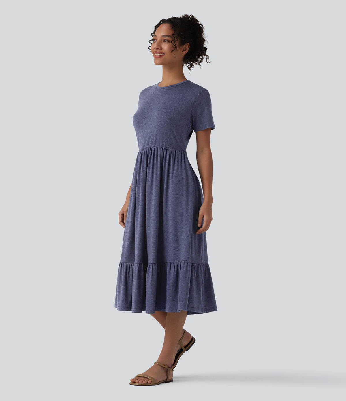 Round Neck Short Sleeve Heathered Midi Casual Dress with Pockets — Gray Blue — view 6