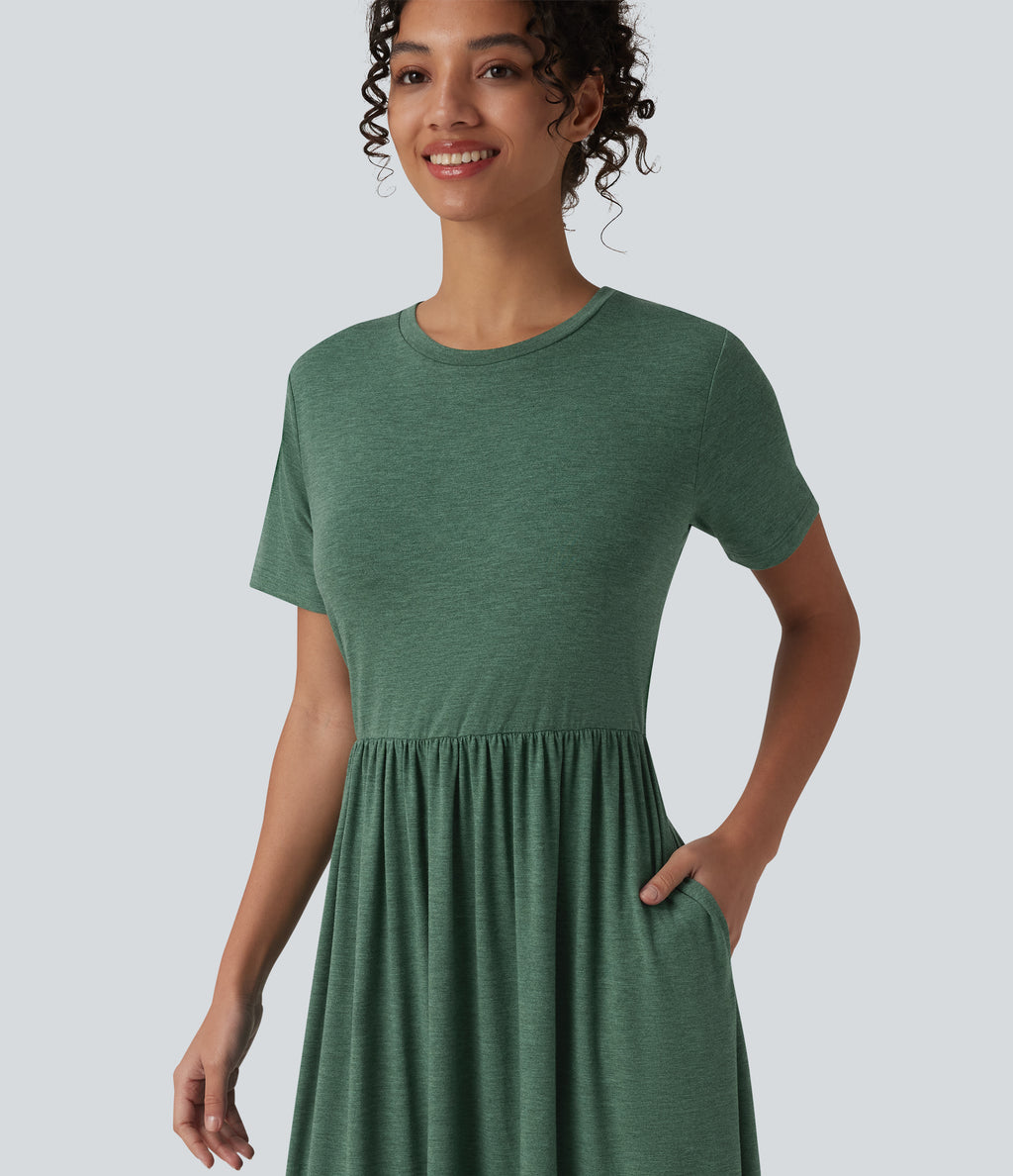 Round Neck Short Sleeve Heathered Midi Casual Dress with Pockets — Dark Green Floral Yarn — view 4