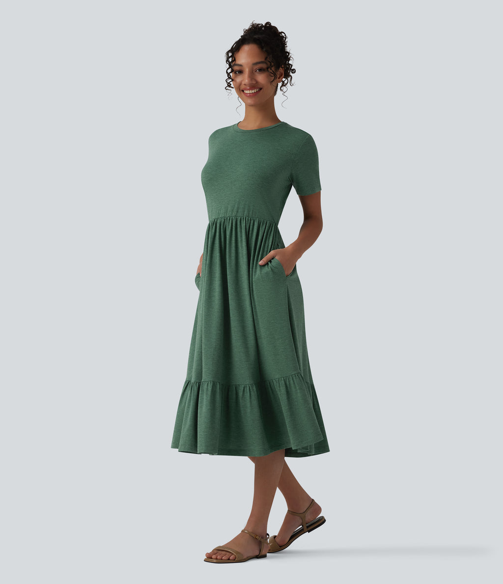 Round Neck Short Sleeve Heathered Midi Casual Dress with Pockets — Dark Green Floral Yarn — view 1
