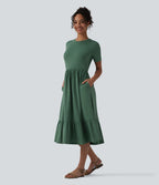 Round Neck Short Sleeve Heathered Midi Casual Dress with Pockets — Dark Green Floral Yarn — view 1
