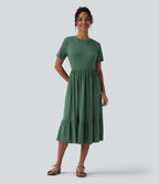 Round Neck Short Sleeve Heathered Midi Casual Dress with Pockets — Dark Green Floral Yarn — view 3