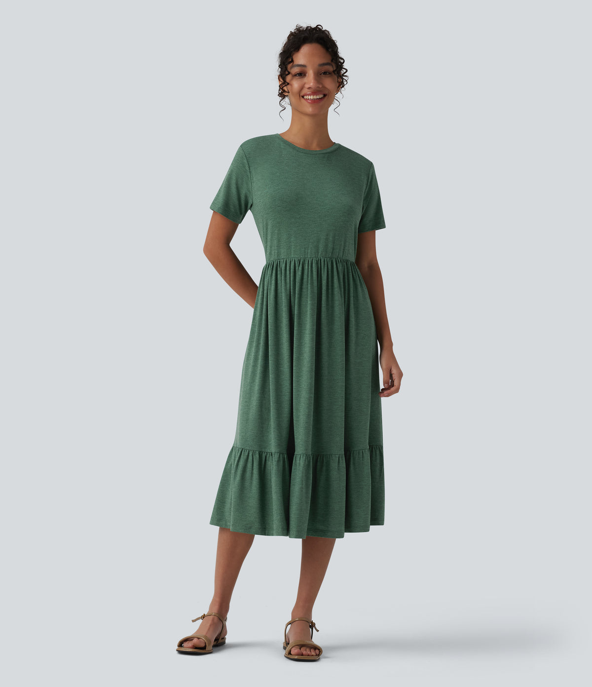 Round Neck Short Sleeve Heathered Midi Casual Dress with Pockets — Dark Green Floral Yarn — view 3
