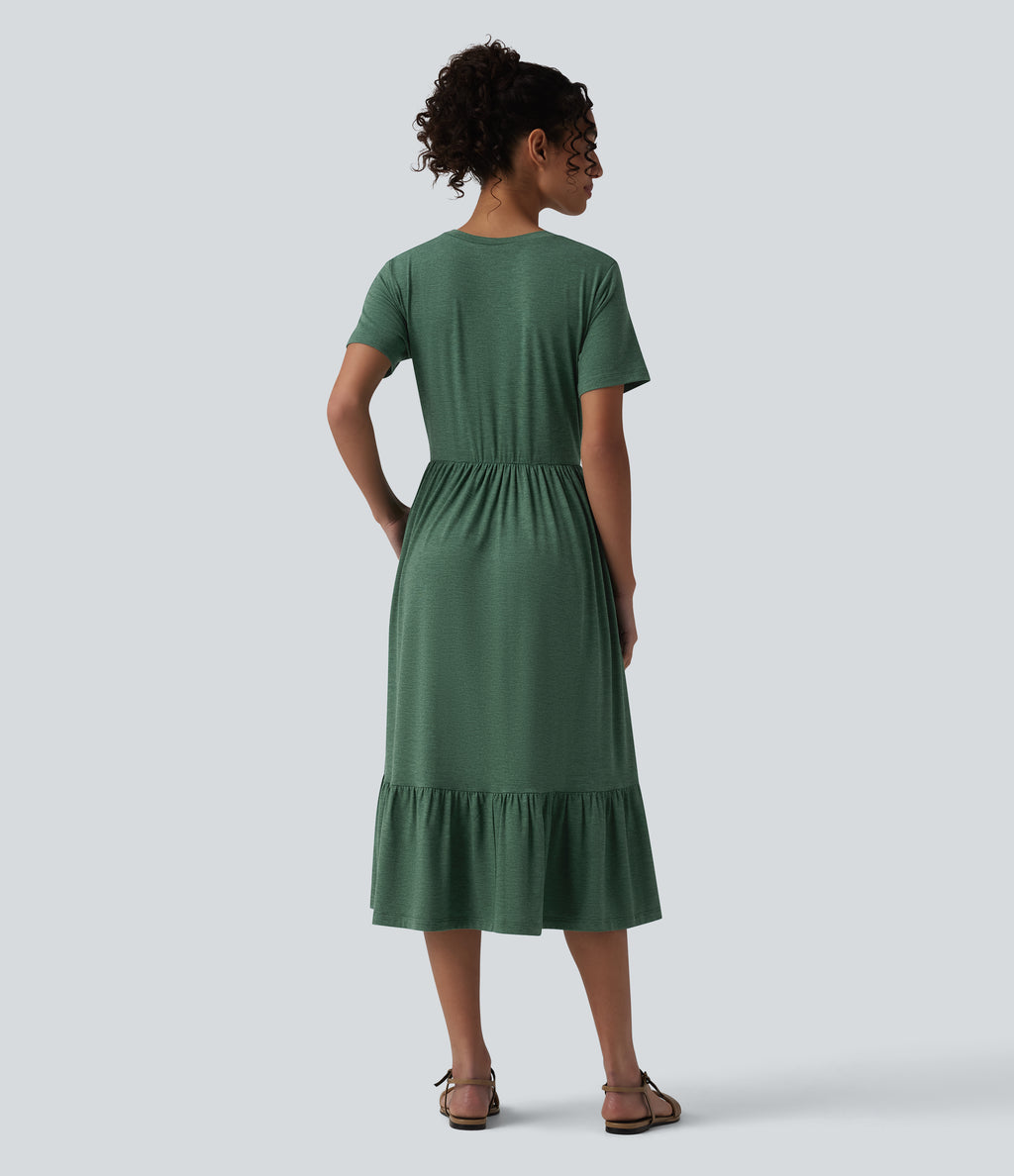 Round Neck Short Sleeve Heathered Midi Casual Dress with Pockets — Dark Green Floral Yarn — view 2
