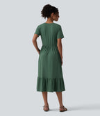 Round Neck Short Sleeve Heathered Midi Casual Dress with Pockets — Dark Green Floral Yarn — view 2