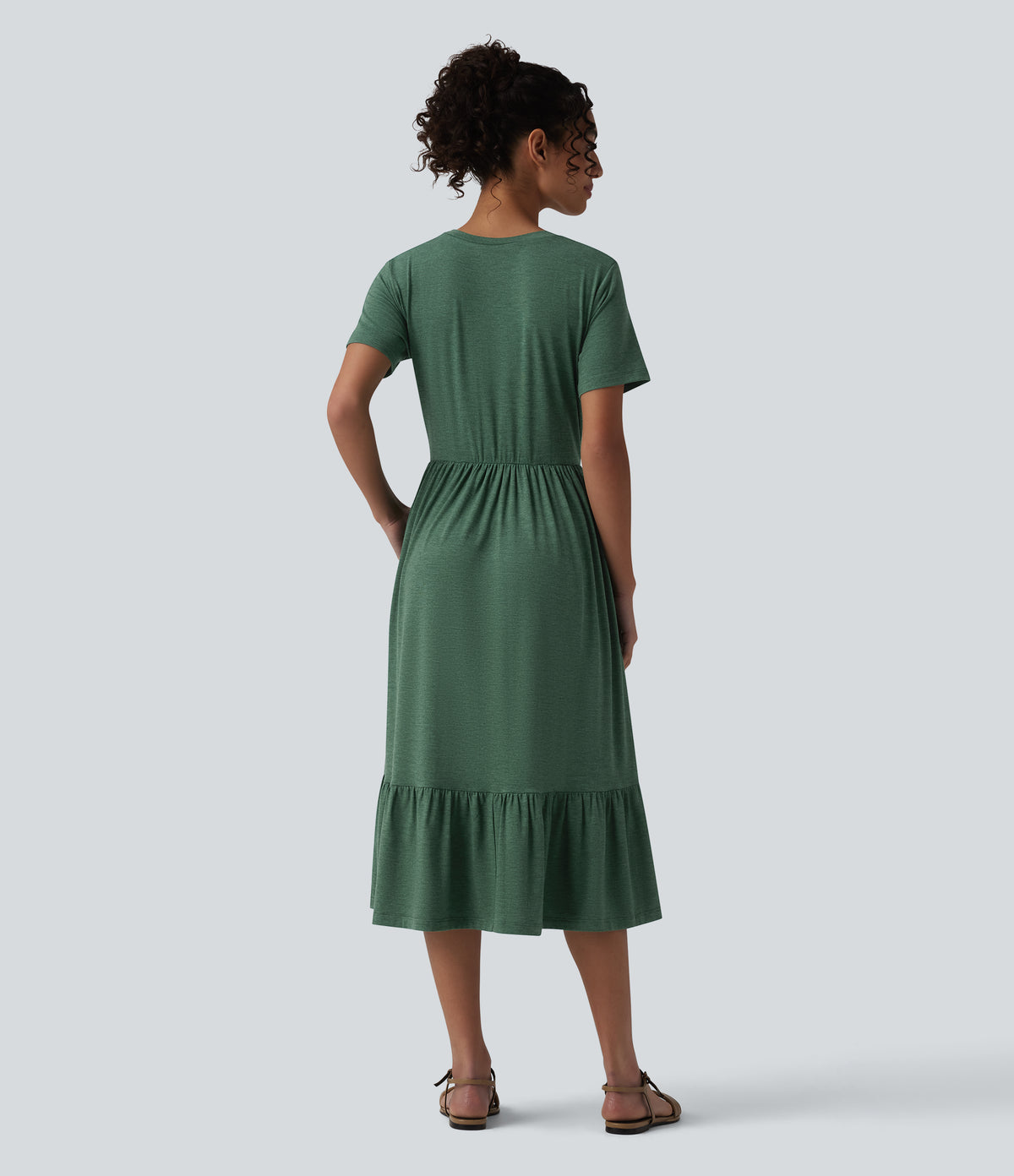 Round Neck Short Sleeve Heathered Midi Casual Dress with Pockets — Dark Green Floral Yarn — view 2