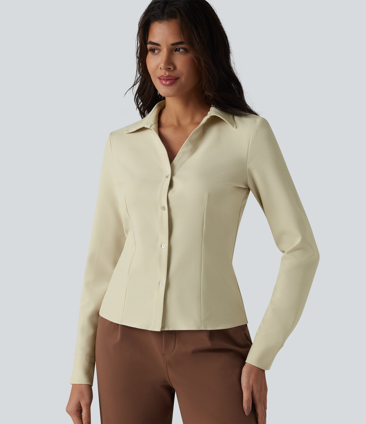 Collar Long Sleeve Button Fly Work Shirt — Asparagus Green — view 1