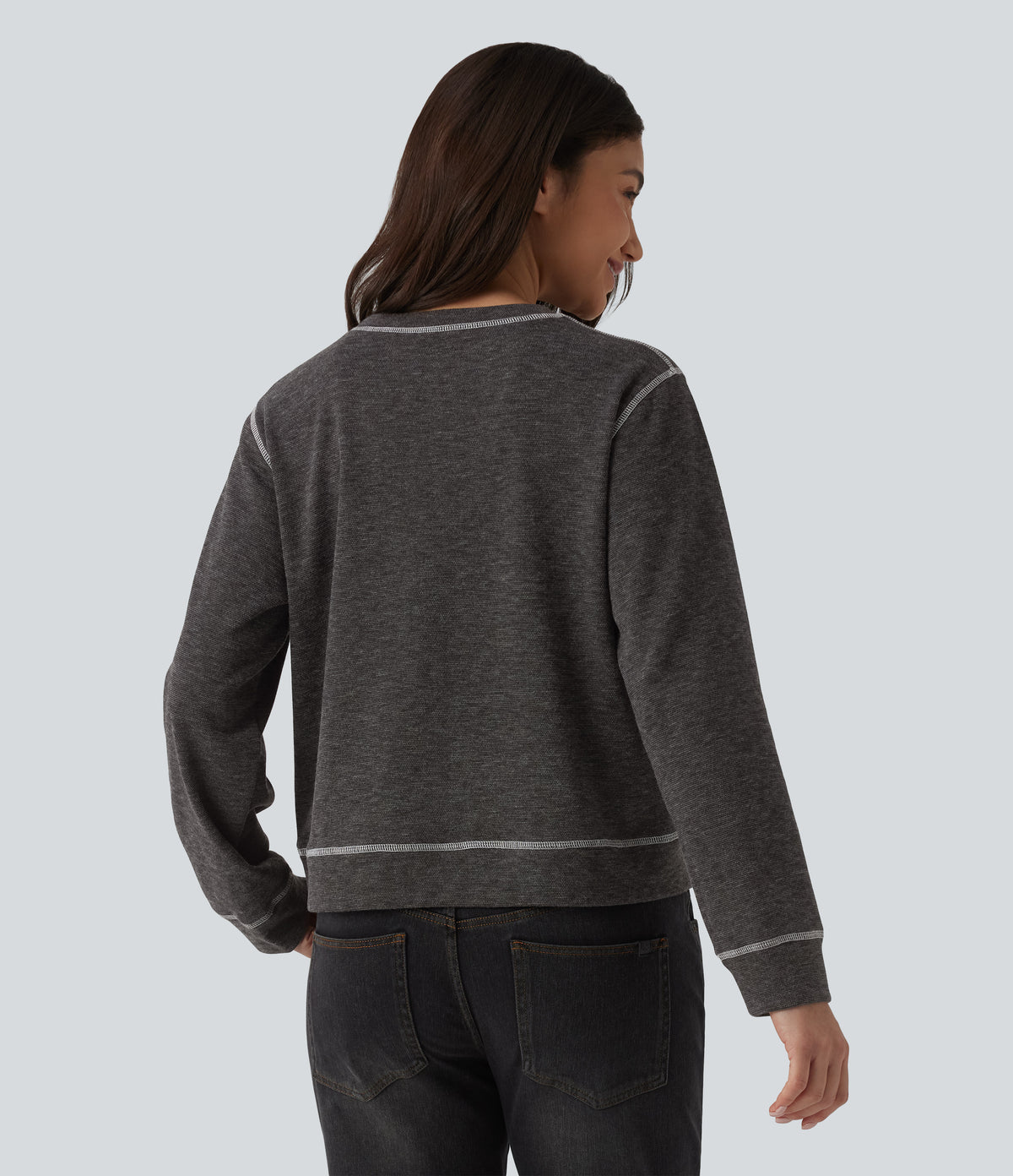 Round Neck Long Sleeve Top-stitching Heathered Casual Sweatshirt — Dark Core — view 2