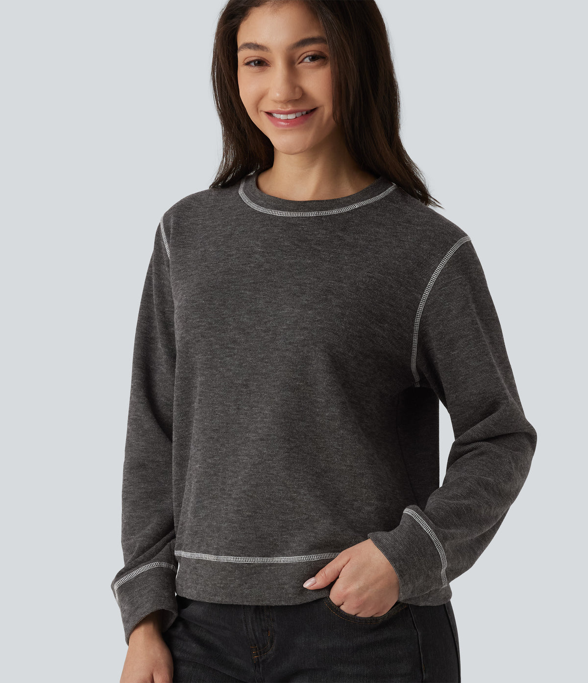 Round Neck Long Sleeve Top-stitching Heathered Casual Sweatshirt — Dark Core — view 1
