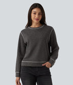 Round Neck Long Sleeve Top-stitching Heathered Casual Sweatshirt — Dark Core — view 4