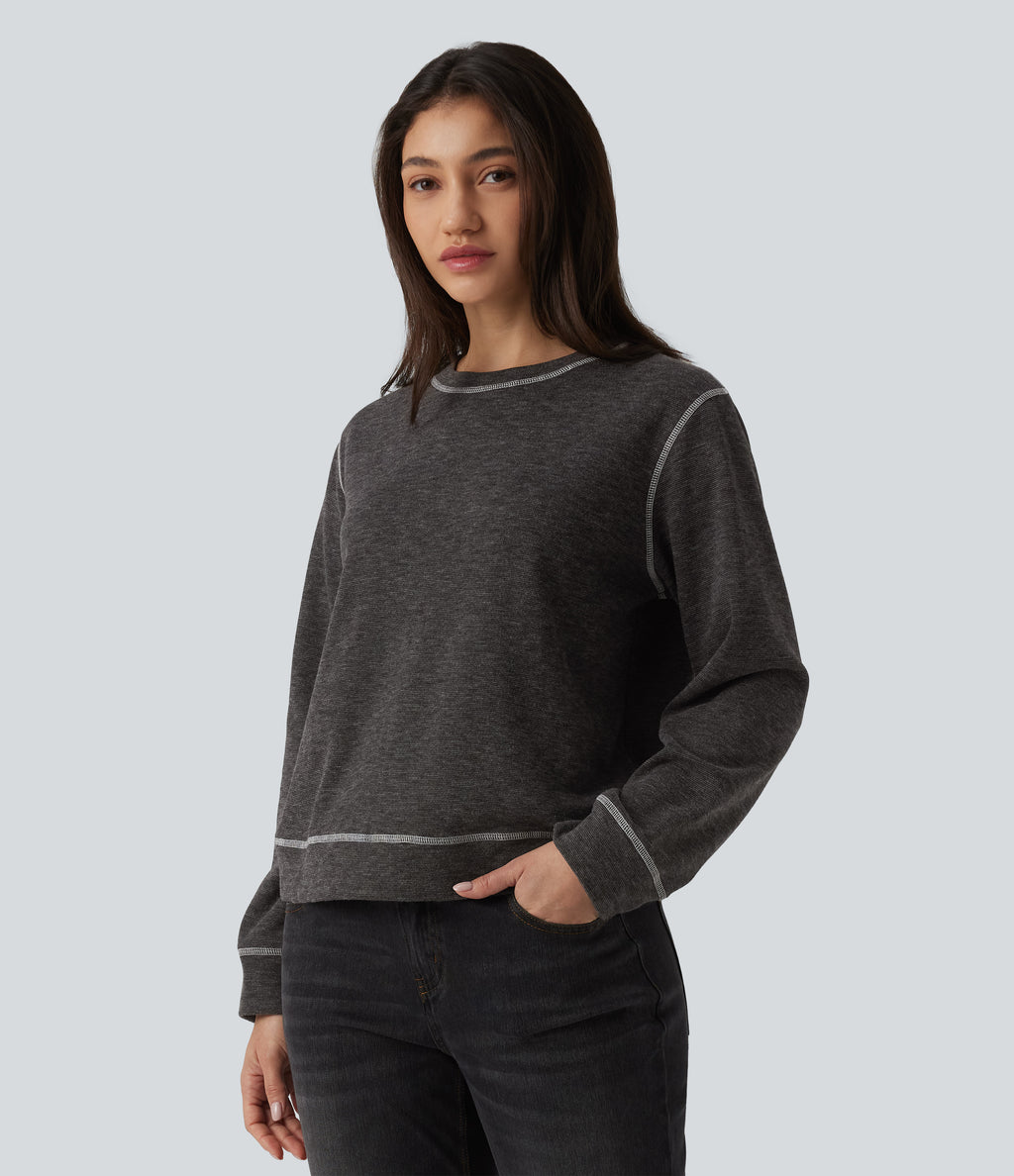 Round Neck Long Sleeve Top-stitching Heathered Casual Sweatshirt — Dark Core — view 3