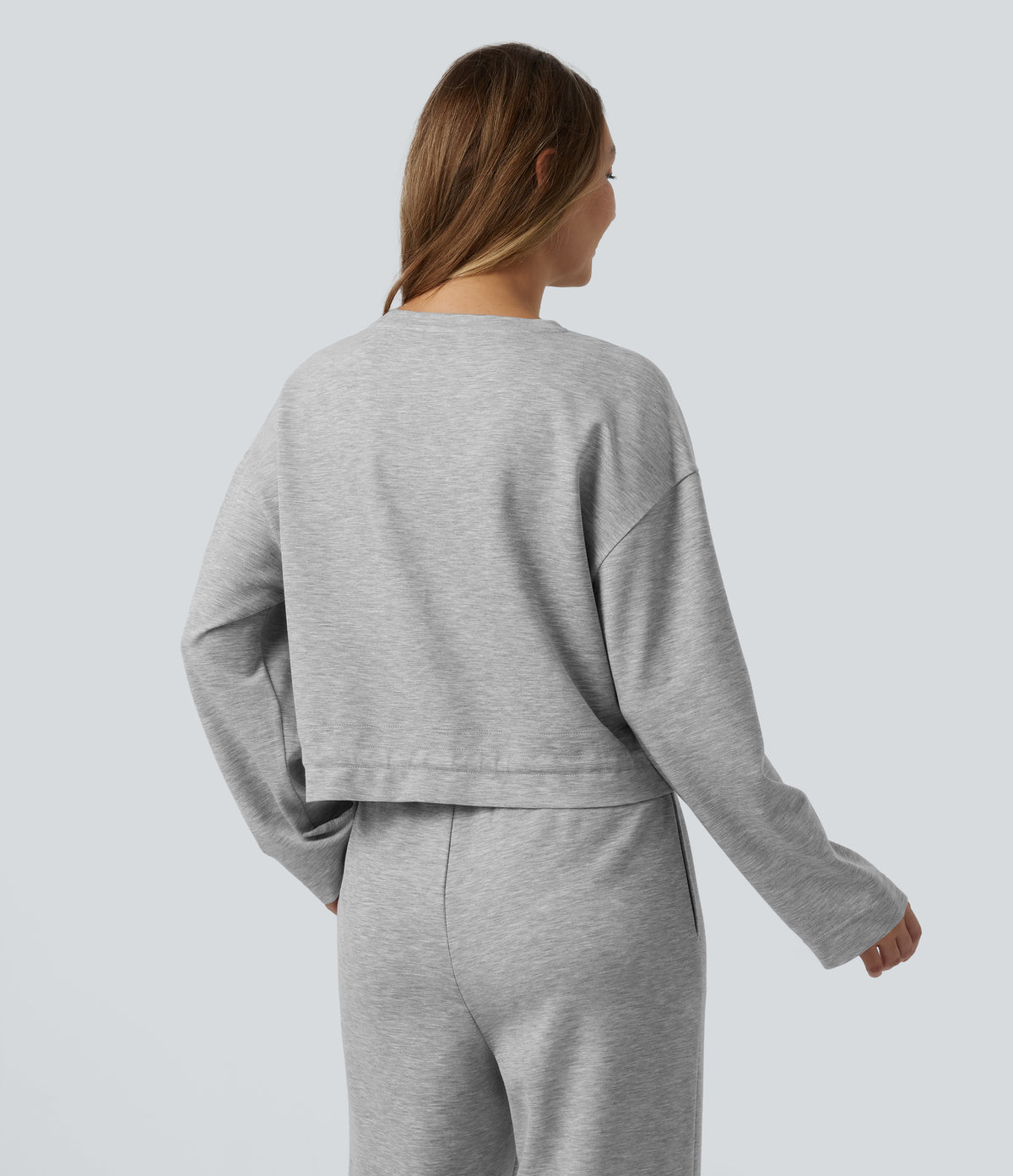 Round Neck Long Sleeve Drawstring Lounge Top — Fog Gray — view 2