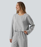 Round Neck Long Sleeve Drawstring Lounge Top — Fog Gray — view 3