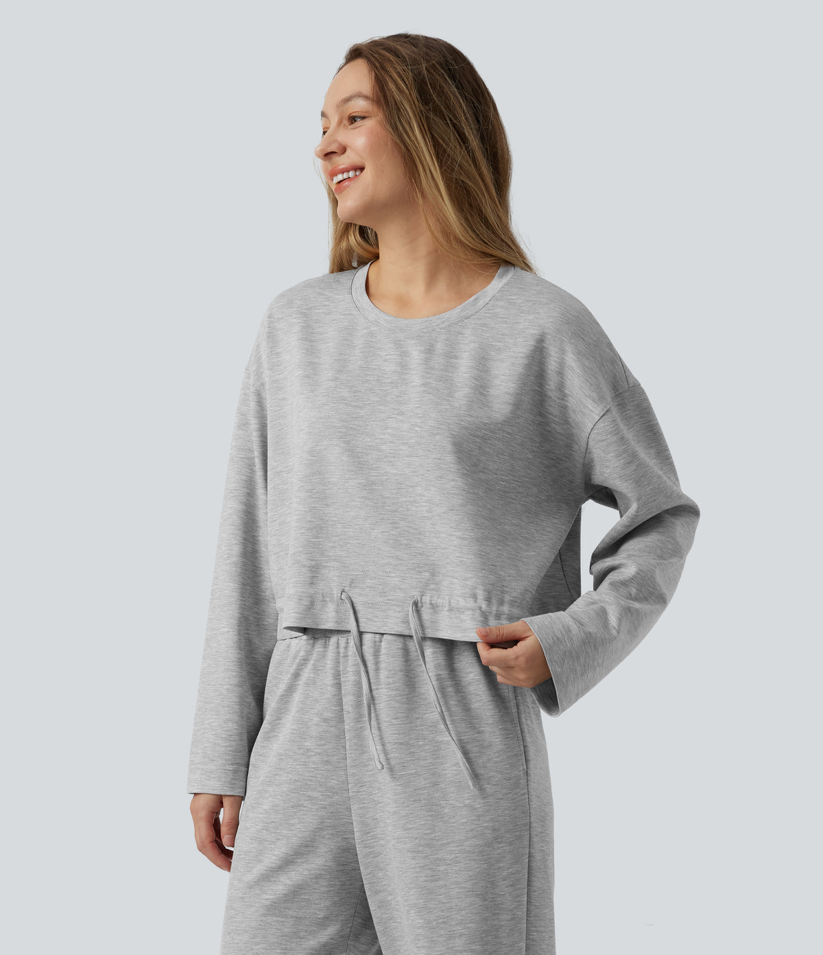 Round Neck Long Sleeve Drawstring Lounge Top — Fog Gray — view 3