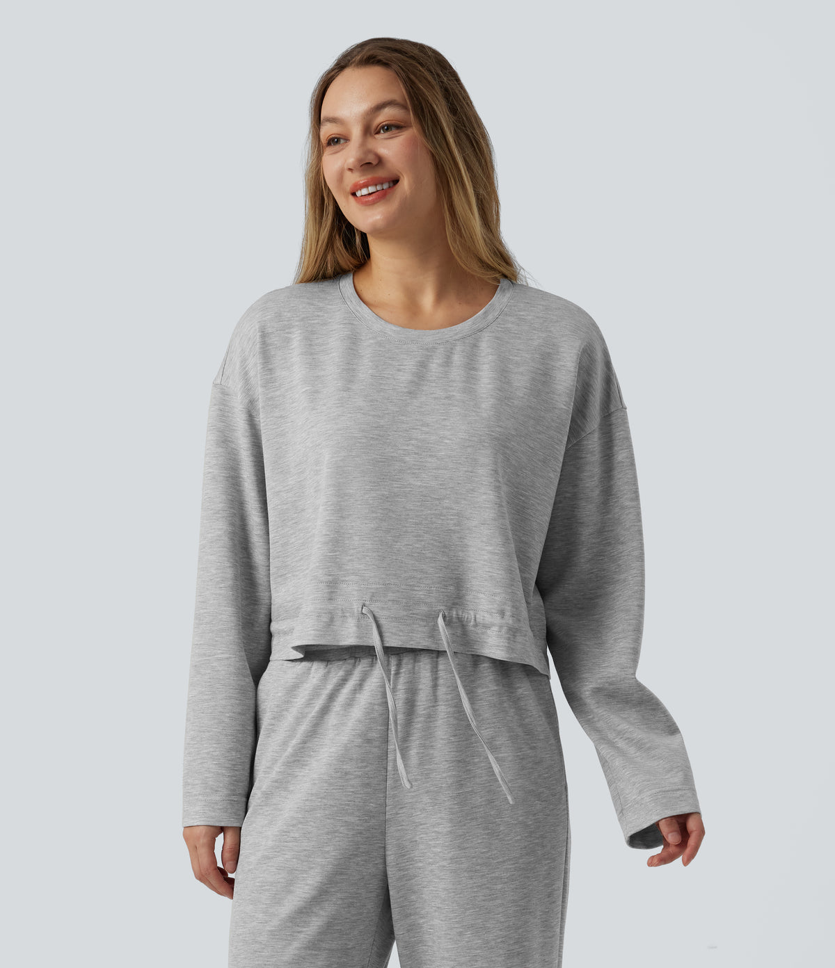 Round Neck Long Sleeve Drawstring Lounge Top — Fog Gray — view 4