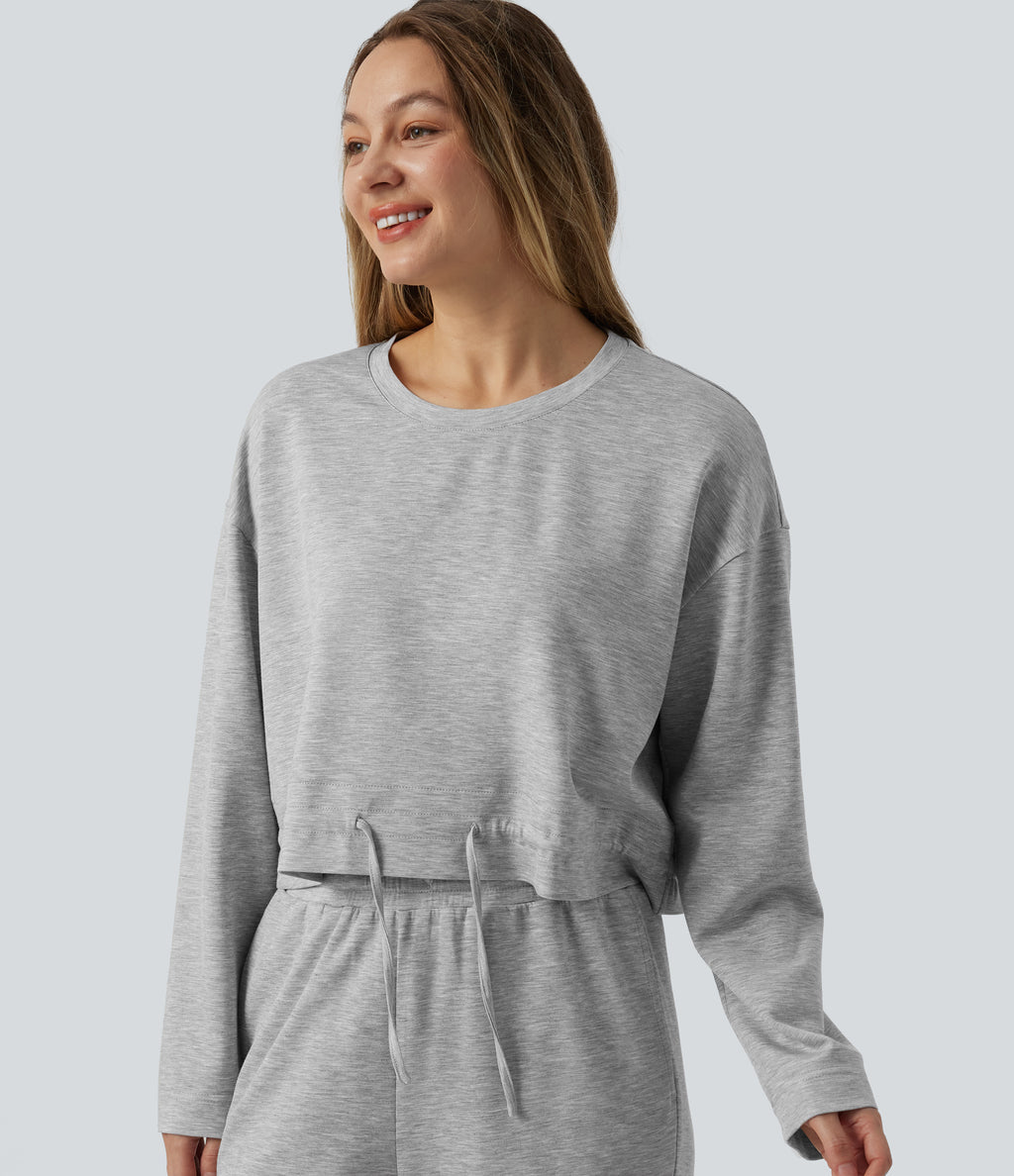 Round Neck Long Sleeve Drawstring Lounge Top — Fog Gray — view 1