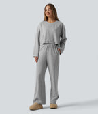 Round Neck Long Sleeve Drawstring Lounge Top — Fog Gray — view 5