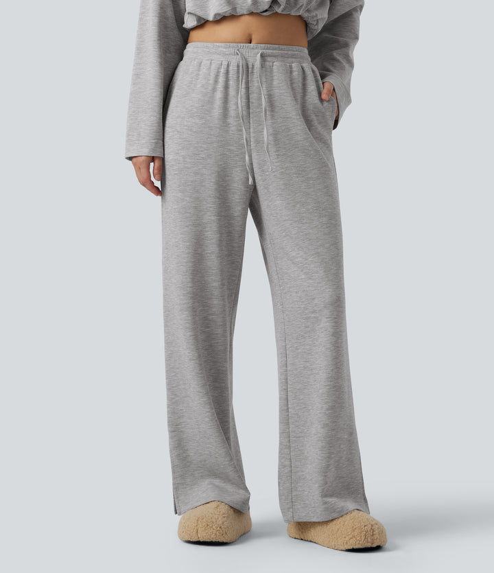 High Waisted Drawstring Wide Leg Lounge Sweatpants with Pockets — Fog Gray — view 1